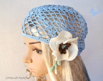 Woman Lace Crochet Vintage Style Blue Headband Dreadlock Hair Snood Wrap Ponytail Kerchief Bandana Gypsy Pirate Tam Dreads Hat Summer