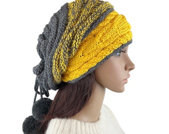 Slouchy Beanie Slouch Hat Oversized Baggy Cabled Hat Neck Warmer womens Fall Winter Merino Wool Yellow Gray Grey Hand Made Knit