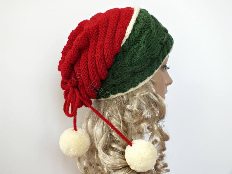 Santa Hat Adult Cable Knit Oversized Beret Baggy Neck Warmer Slouchy Christmas Santa Hat Transformer Beanie Chunky Tube Scarf Pom Poms image 5