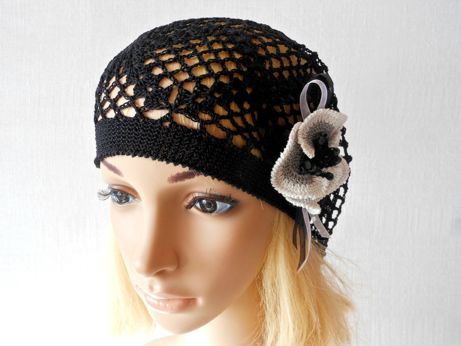 Lace Crochet Slouchy Beanie: Black Cotton Boho Hat With 