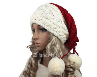 Santa Hat Adult Cable Knit Oversized Beret Baggy Neck Warmer Slouchy Christmas Santa Hat Transformer Beanie Chunky Tube Scarf Pom Poms