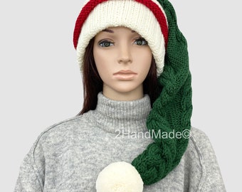 Hand Knit Merino Wool Santa Hat - Long Cable Knit Christmas Beanie