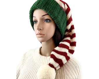 Hand Knit Striped Santa Hat: Merino Wool, Chunky Pom Pom