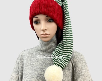 Handmade Knit Santa Beanie: Striped Xmas Pom Pom Hat