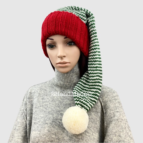 Handmade Knit Santa Beanie: Striped Xmas Pom Pom Hat - Etsy display picture 1