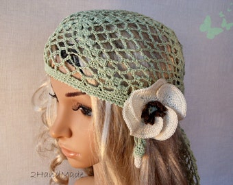 Woman Lace Crochet Vintage Style Green Headband Dreadlock Hair Snood Wrap Ponytail Kerchief Bandana Gypsy Pirate Tam Dreads Hat Summer