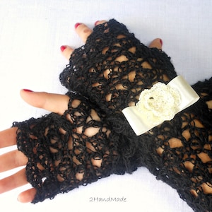 Lace Crochet Long Fingerless Gloves Hand Warmers Angora Exclusive Soft Romantic Vintage Black Ivory Fluffy removable bracelet Spring Fashion image 1