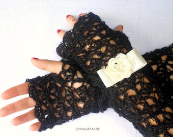 Lace Crochet Long Fingerless Gloves Hand Warmers Angora Exclusive Soft Romantic Vintage Black Ivory Fluffy removable bracelet Spring Fashion