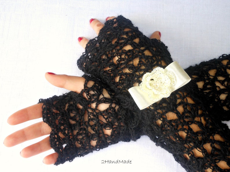 Lace Crochet Long Fingerless Gloves Hand Warmers Angora Exclusive Soft Romantic Vintage Black Ivory Fluffy removable bracelet Spring Fashion image 1