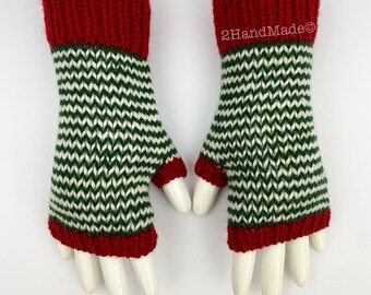 Merino Wool Striped Fingerless Gloves: Christmas Hand Warmers