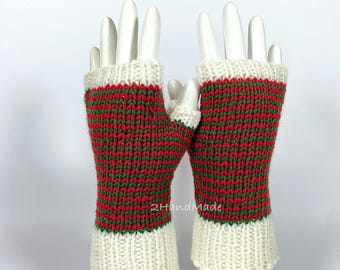 Merino Wool Striped Fingerless Gloves: Christmas Hand Warmers