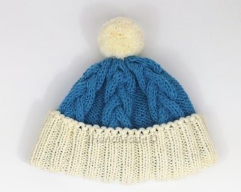 Santa Hat Adult Unisex Men Women Teens Cable Knit Oversized Beret Baggy Blue White Christmas Santa Hat Unisex beanie Chunky Pom Pom