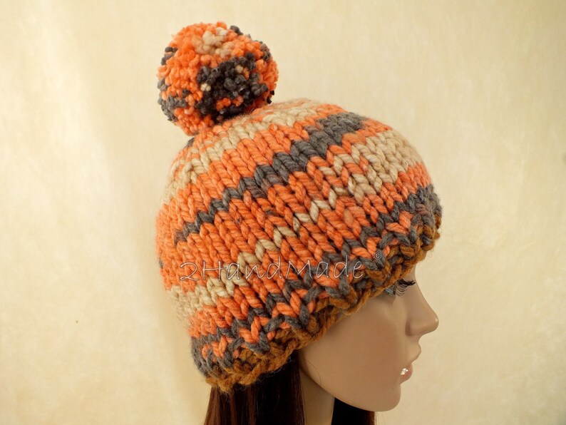 Super Chunky Hand Knit Hat Merino Wool Beanie Rain Ribbed Skull Cap Striped Unisex Colorful Men Women Teens Pom Pom