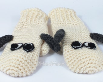 Funny Chunky Crochet Lamb Sheep Mittens Animal Puppet Unisex Boy Girl Teens Women Men Gloves Merino Wool Cream White Grey Hand Warmers