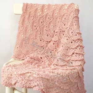 Dusty Pink Crochet Baby Blanket: Lace Shells, Merino Blend (39x39)