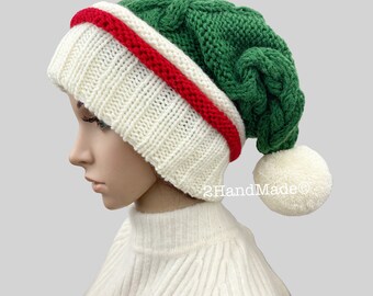 Handmade Cable Knit Santa Hat: Adult Green, Red, & White Merino Wool