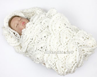 Crochet Baby Blanket: Snow White Lace Shells, Merino Blend (39"x39")