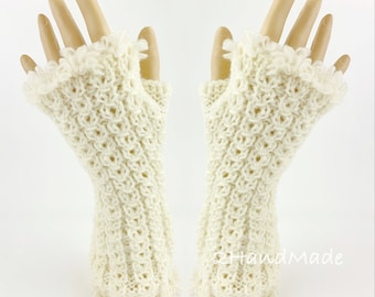 White Cable Merino Fingerless Gloves