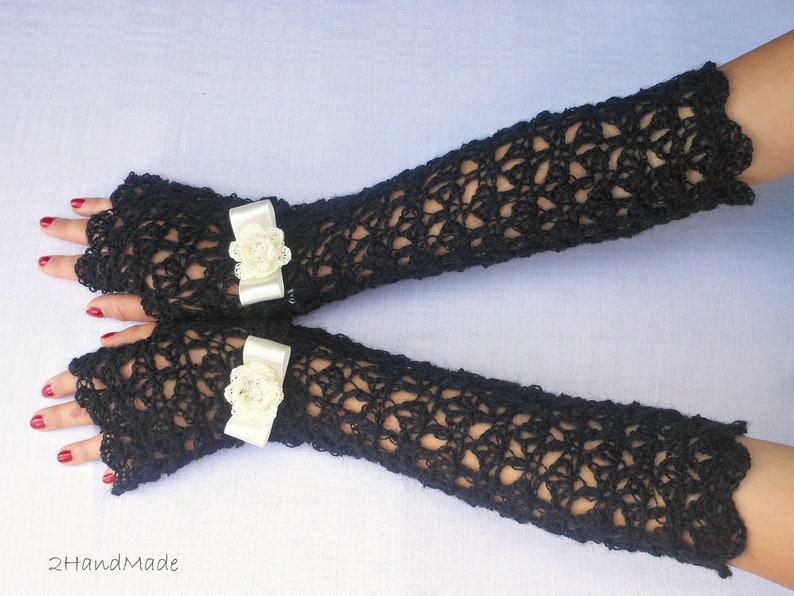 Lace Crochet Long Fingerless Gloves Hand Warmers Angora Exclusive Soft Romantic Vintage Black Ivory Fluffy removable bracelet Spring Fashion image 2