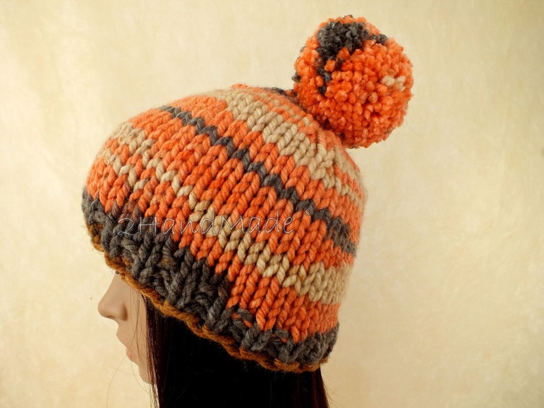 Super Chunky Hand Knit Hat Merino Wool Beanie Rain Ribbed Skull Cap Striped Unisex Colorful Men Women Teens Pom Pom