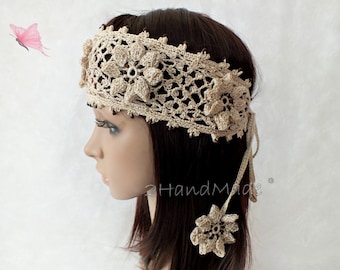 Beige Handmade OOAK Irish Lace 3D Crochet Headband Dreadlock Head Wrap Boho Wooden Beaded Women Ivory Wedding Bridal Cotton Hair Snood