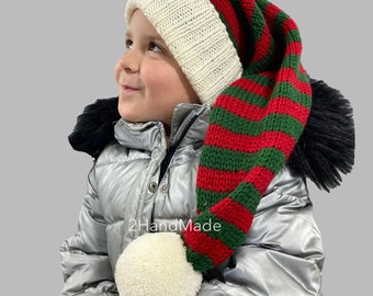 Handmade Knit Kids Santa Hat: Striped Merino Wool Beanie