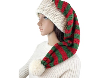 Handmade Knit Santa Hat: Striped Merino Wool Beanie with Pom