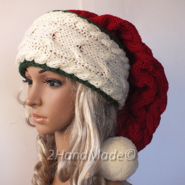 Gorro de Papá Noel para mujer adulta, gorro de gran tamaño hecho a mano, boina holgada, roja, crema, blanca, Navidad, Papá Noel, pompón grueso