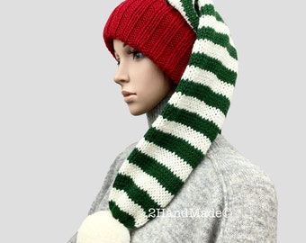 Hand Knit Santa Beanie: Striped Xmas Hat, Chunky Pom Pom
