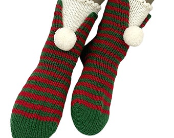 Knitted Red Green White Striped Socks Santa Christmas Decorations Xmas Handmade Merino Wool Women Men Teen Kids Pom Pom