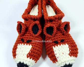 Crochet Fox Slippers: Unisex Merino Wool Winter Shoes