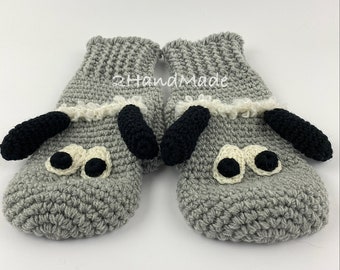 Sheep Lamb Crochet Gloves Mittens Animal Puppet Unisex Boy Girl Teen Women Men Chunky Merino Wool Funny Grey Gray Black Hand Warmer Woodland