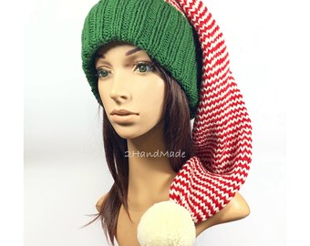 Handmade Knit Santa Beanie: Striped Xmas Pom Pom Hat