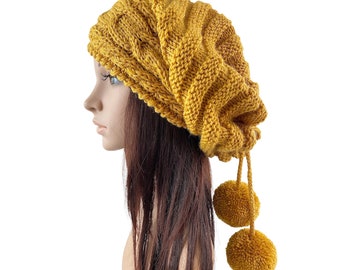 Hand Knit Merino Wool Slouchy Beanie: Mustard Cabled Pom Pom Hat