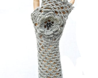 Irish Lace Crochet Fingerless Gloves Hand Warmers Merino Wool Soft Romantic Vintage Style Gray Grey