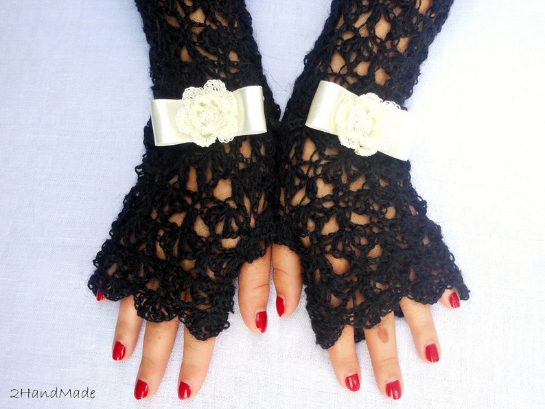 Lace Crochet Long Fingerless Gloves Hand Warmers Angora Exclusive Soft Romantic Vintage Black Ivory Fluffy removable bracelet Spring Fashion image 4