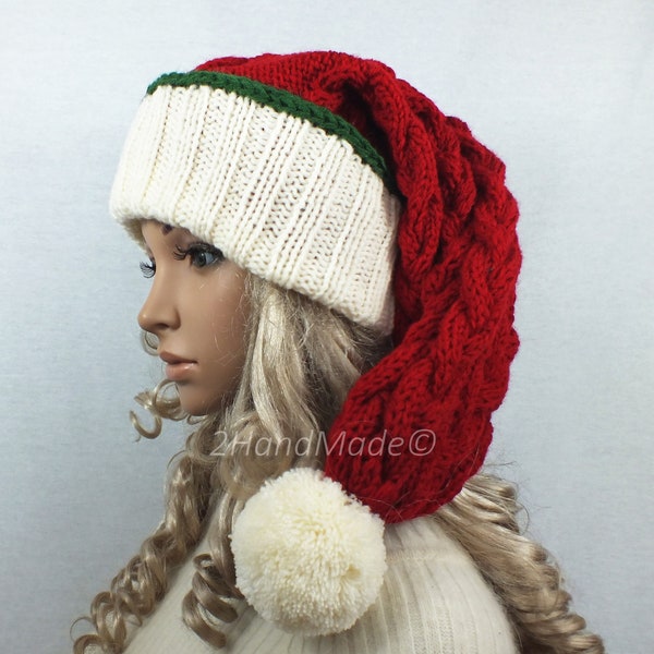 Unisex Santa Hat Adulto Mujeres Largo Hecho a mano Punto Gorro de gran tamaño Boina Baggy Slouchy Rojo Crema Blanco Navidad Navidad Santa Chunky Pom Pom