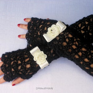 Lace Crochet Long Fingerless Gloves Hand Warmers Angora Exclusive Soft Romantic Vintage Black Ivory Fluffy removable bracelet Spring Fashion image 3
