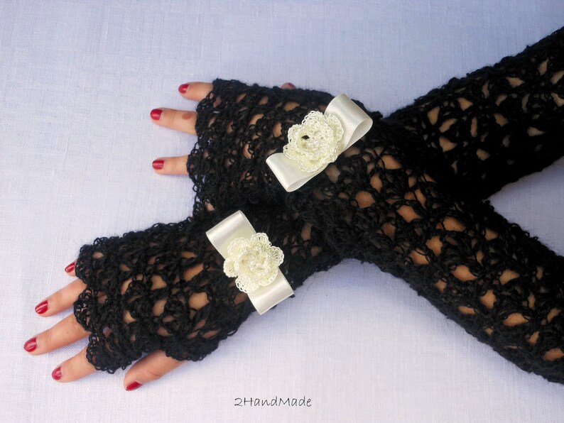 Lace Crochet Long Fingerless Gloves Hand Warmers Angora Exclusive Soft Romantic Vintage Black Ivory Fluffy removable bracelet Spring Fashion image 3
