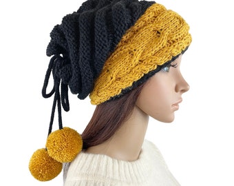 Slouchy Beanie Slouch Hat Oversized Baggy Cabled Hat Neck Warmer womens Fall Winter Merino Wool Mustard Black Hand Made Knit