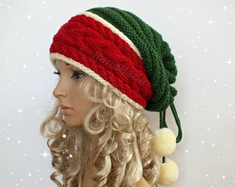 Hand Knit Santa Hat: Cable Knit Merino Wool Beanie with Pom Poms