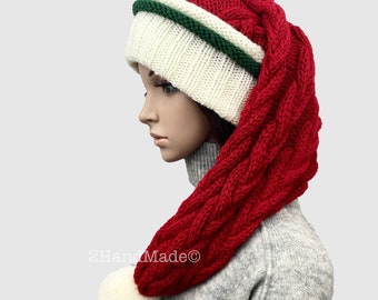 Hand Knit Merino Wool Santa Hat: Red, Cream, White Beanie with Pom Pom