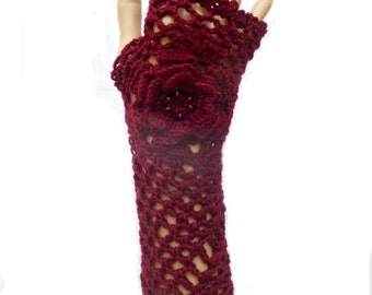 Irish Lace Crochet Fingerless Gloves Hand Warmers Merino Wool Soft Romantic Vintage Style Burgundy Wine