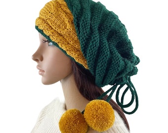 Slouchy Beanie Slouch Hat Oversized Baggy Cabled Hat Neck Warmer womens Fall Winter Merino Wool Mustard Green Hand Made Knit