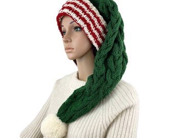 Hand Knit Wool Santa Hat, Long Oversized Pom Pom Beanie