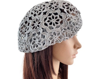 Vintage Style Irish Lace Crochet Cloche: Gray Cotton Beret