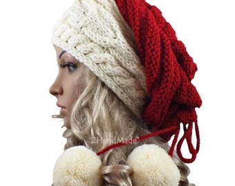 Hand Knit Santa Hat: Cable Knit, Oversized Beret with Pom Poms