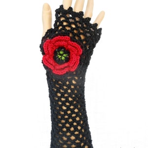 Irish Lace Crochet Fingerless Gloves Hand Warmers Merino Wool Soft Romantic Vintage Style Black Red Crochet Poppy Flower