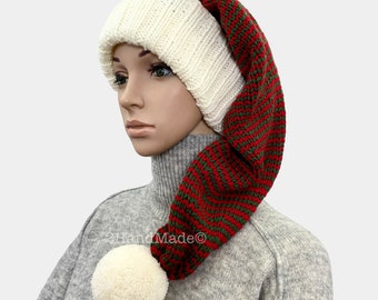 Handmade Striped Santa Beanie: Red, Green, Off White, Pom Pom