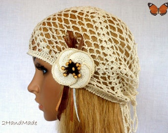 Woman Lace Crochet Vintage Beige Ivory Headband Dreadlock Hair Snood Wrap Ponytail Kerchief Bandana Gypsy Pirate Tam Dreads Hat Summer